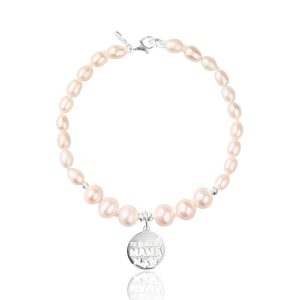Pulsera Perla Blanca Charm C&iacute;rculo Mariposas Mam&aacute; en Plata